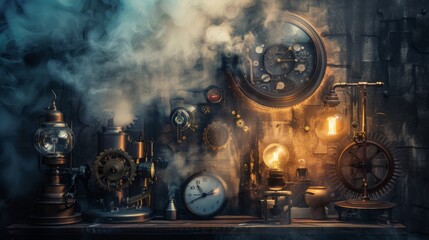 Vintage machinery and gears in a dimly lit workshop