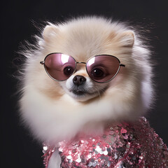Glamorous Pomeranian in pink sequins and stylish sunglasses. Perfect for luxury branding, pet fashion ads, and trendy social media.