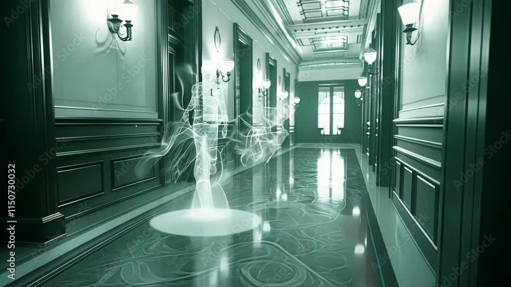 Poster a ghostly figure appears to float down the hallway leaving behind a trail of entangled particles.