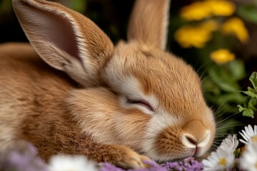 Soft brown rabbit sleeping peacefully among colorful flowers in a garden setting