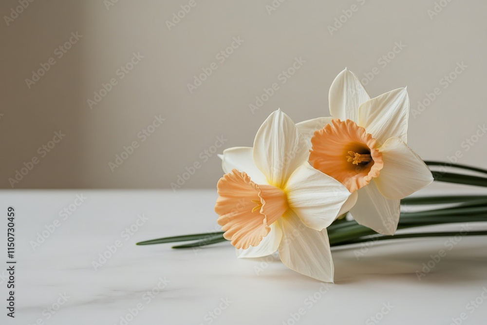 Poster daffodils with soft peach centers arranged on a light-colored surface, creating a serene and elegant