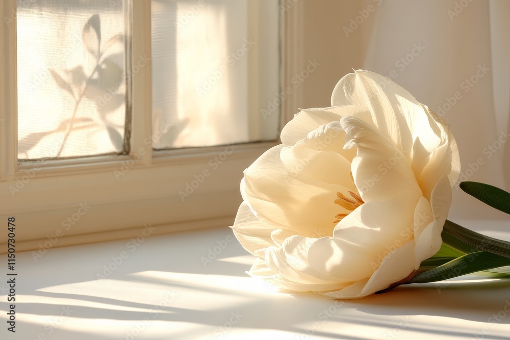 Wall mural Soft white tulip rests on a sunlit windowsill near sheer curtains in a cozy indoor setting