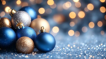 Blue and Gold Christmas Ornaments Glitter Background