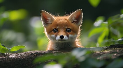 Obraz premium Curious young fox peeks through green foliage in a forest during daylight hours