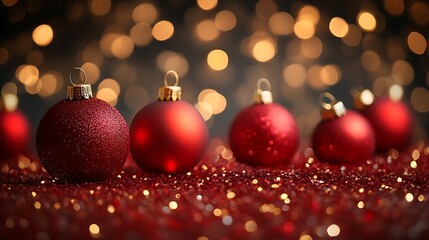 Red Christmas Ornaments Resting On Sparkling Glitter