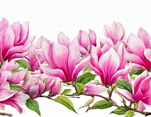 Obraz premium Magnolia seamless Border. Watercolor pattern with branches and pink Flowers. Ornament for wedding invitations or greeting cards