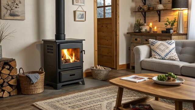 Living room displaying a biomass stove emitting gentle flames and heat.