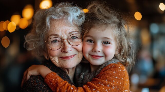 Heartwarming moment between grandmother and granddaughter in a cozy cafe