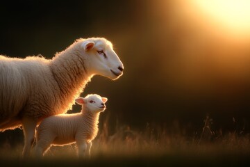 Fototapeta premium Ewes and lambs bask in golden sunlight during a tranquil evening on a farm