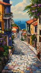 Cobblestone path descends to seaside village.