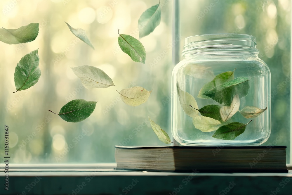 Poster leaves floating gently in sunlight near a jar on an open book by the window