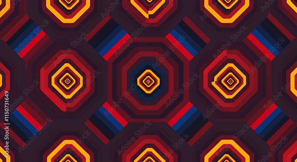 Poster vibrant colorful geometric pattern. repeating hexagonal shapes layered in red, blue, and gold. abstr