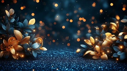 Naklejka premium Gold and Blue Glittering Leaves Festive Background