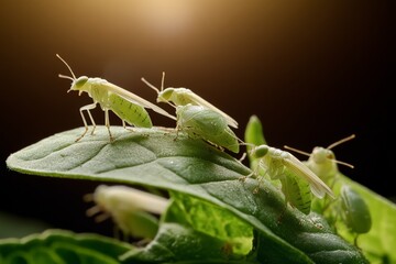 Fototapeta premium Close-up view of green insects on a leaf in natural light during the daytime