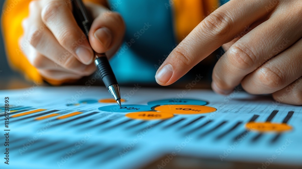 Poster business professional analyzing financial data using interactive pie chart during a meeting