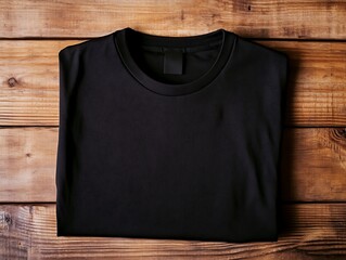 Black T-Shirt Folded Neatly on a Wooden Table Isolated Shot