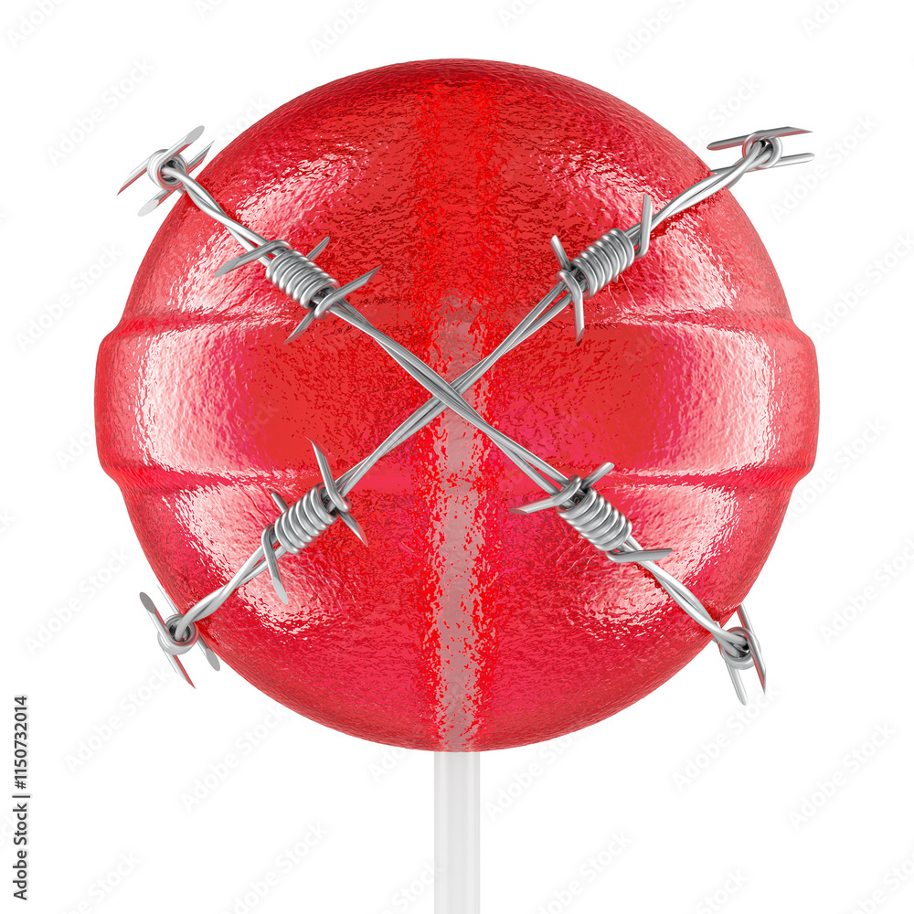 Poster red lollipop with barbed wire, 3d rendering isolated on transparent background