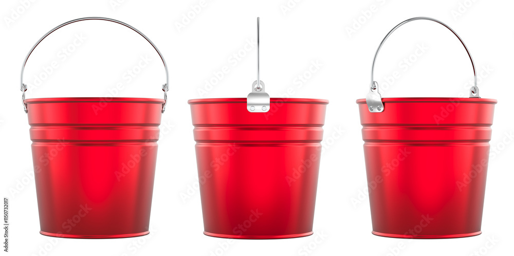 Aufkleber red galvanized bucket, different sides view. 3d rendering isolated on transparent background