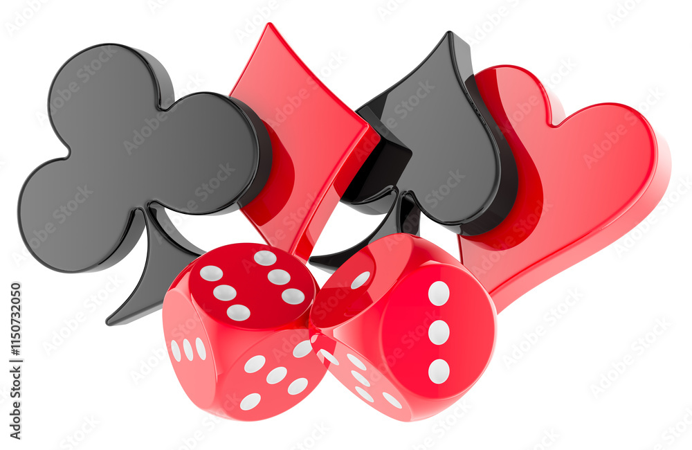 Poster card suits and dice, gambling logotype. 3d rendering isolated on transparent background