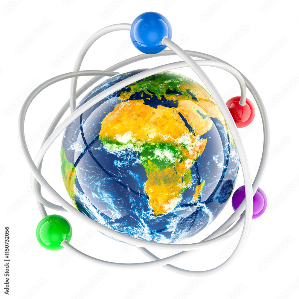 Poster world as atom, 3d rendering isolated on transparent background