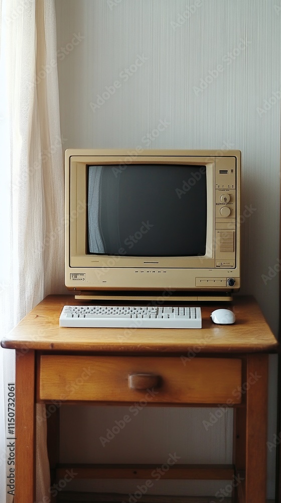 Poster vintage computer setup with monitor and keyboard on a wooden desk