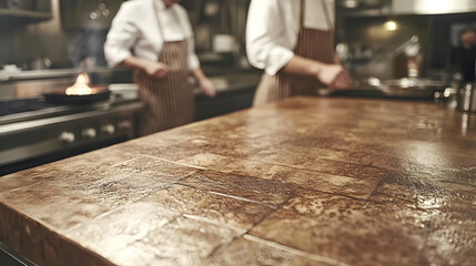 Fototapeta premium Background of Rustic wood table in a modern culinary workspace