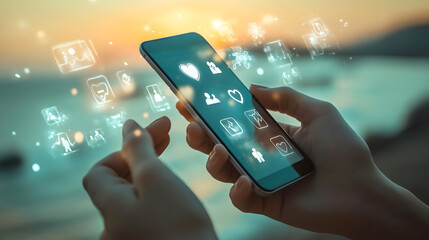 Digital interaction on smartphone with holographic icons