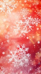 Scarlet background with white snowflakes and warm amber bokeh