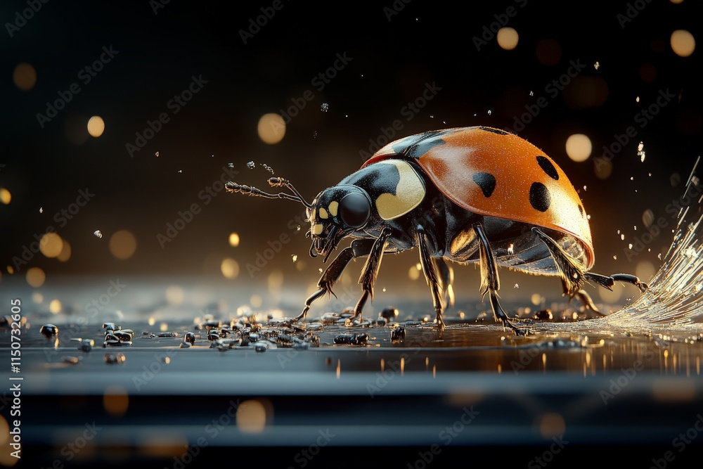 Poster close-up view of a ladybug walking on a shiny surface with droplets of water in a dimly lit environm