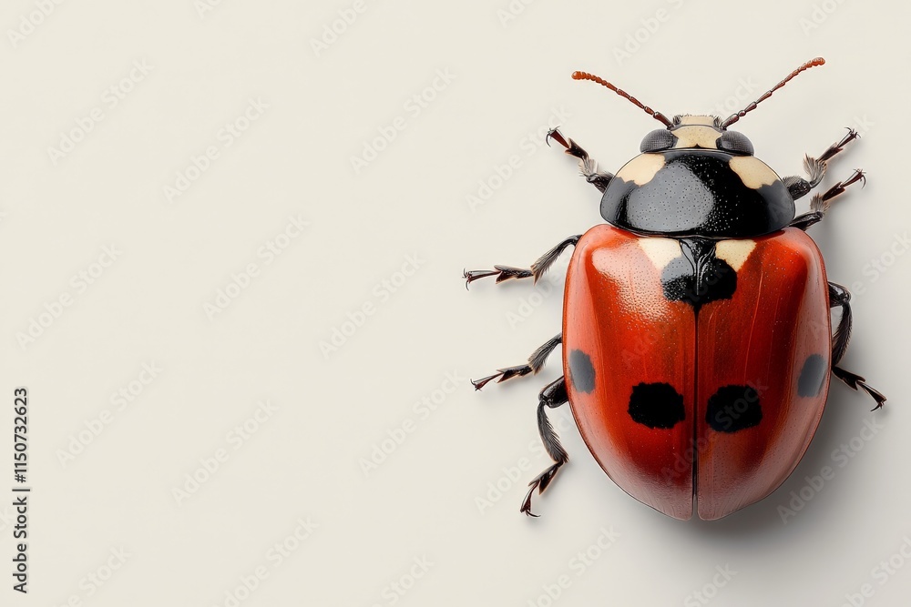 Poster close-up view of a vibrant red ladybug with distinctive black spots on a light background highlighti
