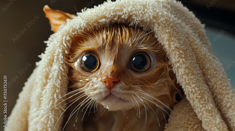 Poster adorable wet cat wrapped in a soft towel after bath time