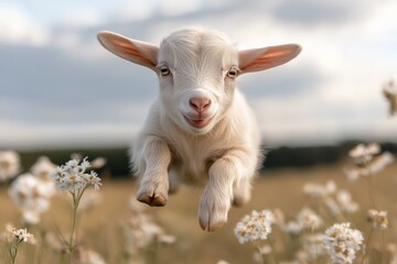 Obraz premium Playful goat jumping joyfully over flowers in a sunny meadow during spring
