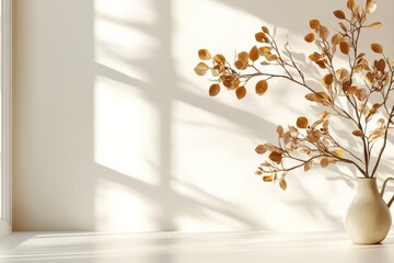 Elegant branch with dried leaves in a ceramic vase on a sunlit windowsill creating warm shadows in a serene indoor space