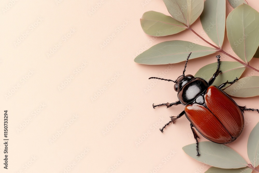 Poster beetle resting on green leaves with a soft background in a natural setting during daylight
