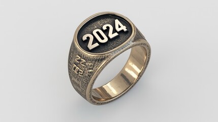 Close-up of a bronze signet ring engraved with "2024".