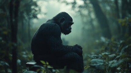 Majestic gorilla sitting serenely in a lush forest surrounded by mist