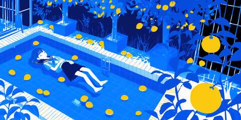 柚子湯に浸る少女。水彩画。挿絵、イラスト。