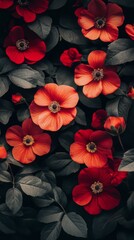 Obraz premium Vibrant red flowers blossom amidst lush green foliage in a serene garden setting