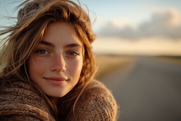 Fototapeta premium Young woman with charming smile enjoying a sunset by the roadside in a warm, cozy sweater