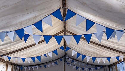 Blue and white Oktoberfest bunting strung across a rustic festival tent ceiling