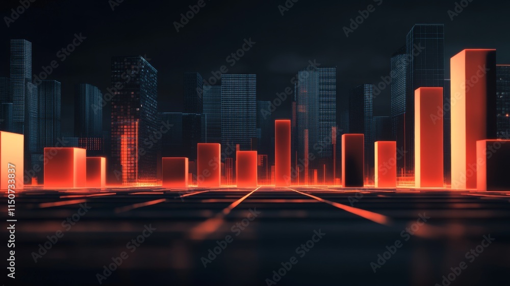 Aufkleber futuristic cityscape with glowing bar graphs and dark background