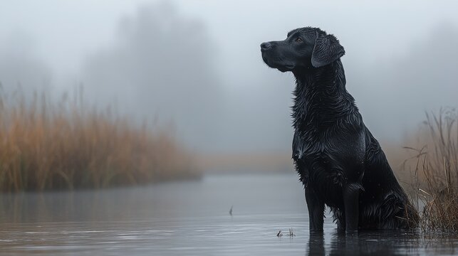 Black dog sitting calmly by a misty river in early morning light - Powered by Adobe