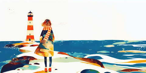 灯台を眺める少女。水彩画。挿絵、イラスト。