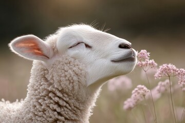 Naklejka premium Sheep enjoying a calm moment while sniffing flowers in a meadow during springtime