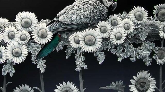 Colorful parrot resting among vibrant daisies in a black and white artistic representation