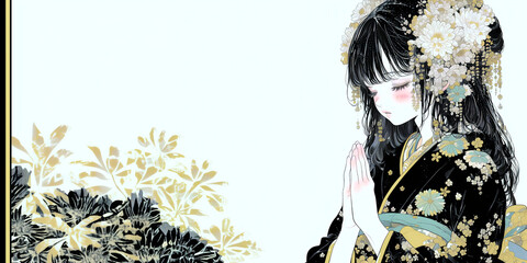 着物姿で初詣に来少女。イラスト。水彩画。