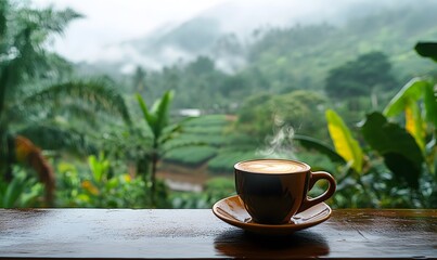 A close-up of a steaming coffee cup on a wooden table