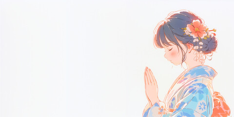 着物姿で初詣に来少女。イラスト。水彩画。