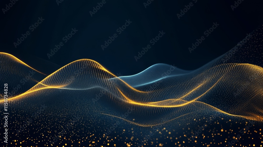 Poster abstract waves with particles in dark background for visual projects
