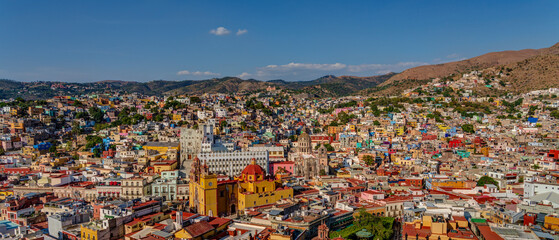 Wide angle cityscape of Guanajuato, Mexico at daytime